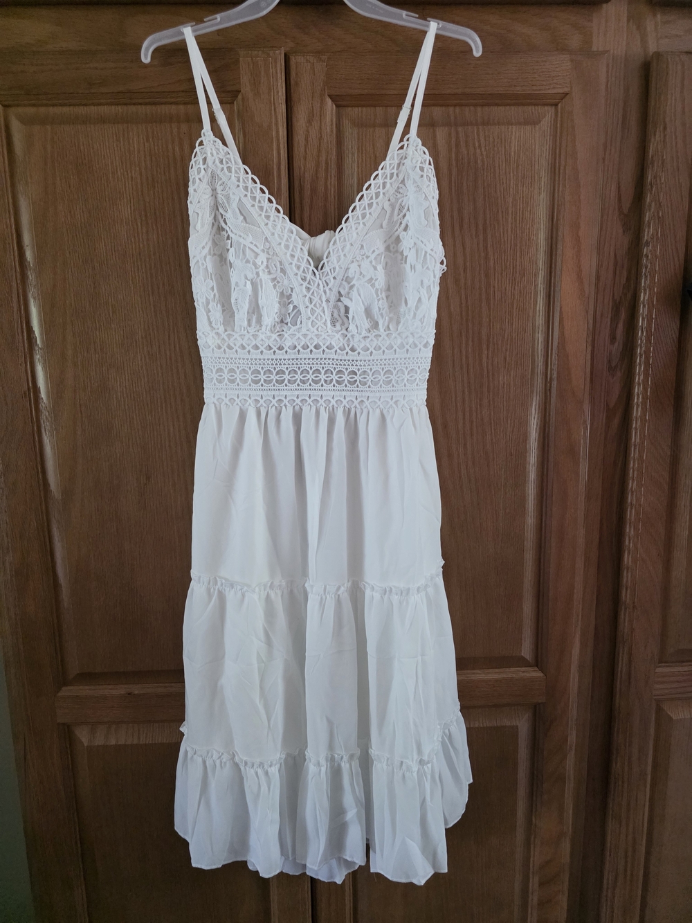 White Lace Bodice Tiered Midi Dress with Spaghetti Straps